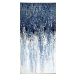 May include: A rectangular vertical wall art piece featuring an abstract composition of deep navy blue, slate blue, and white tones. The painting displays layered, swirling line work and vertical drips that transition from dark at the top to light.