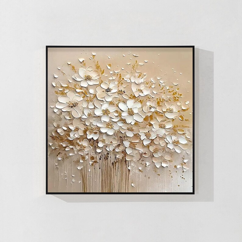 3D Textured Cream Flower Gold Leaf Painting on Canvas Modern Floral ...