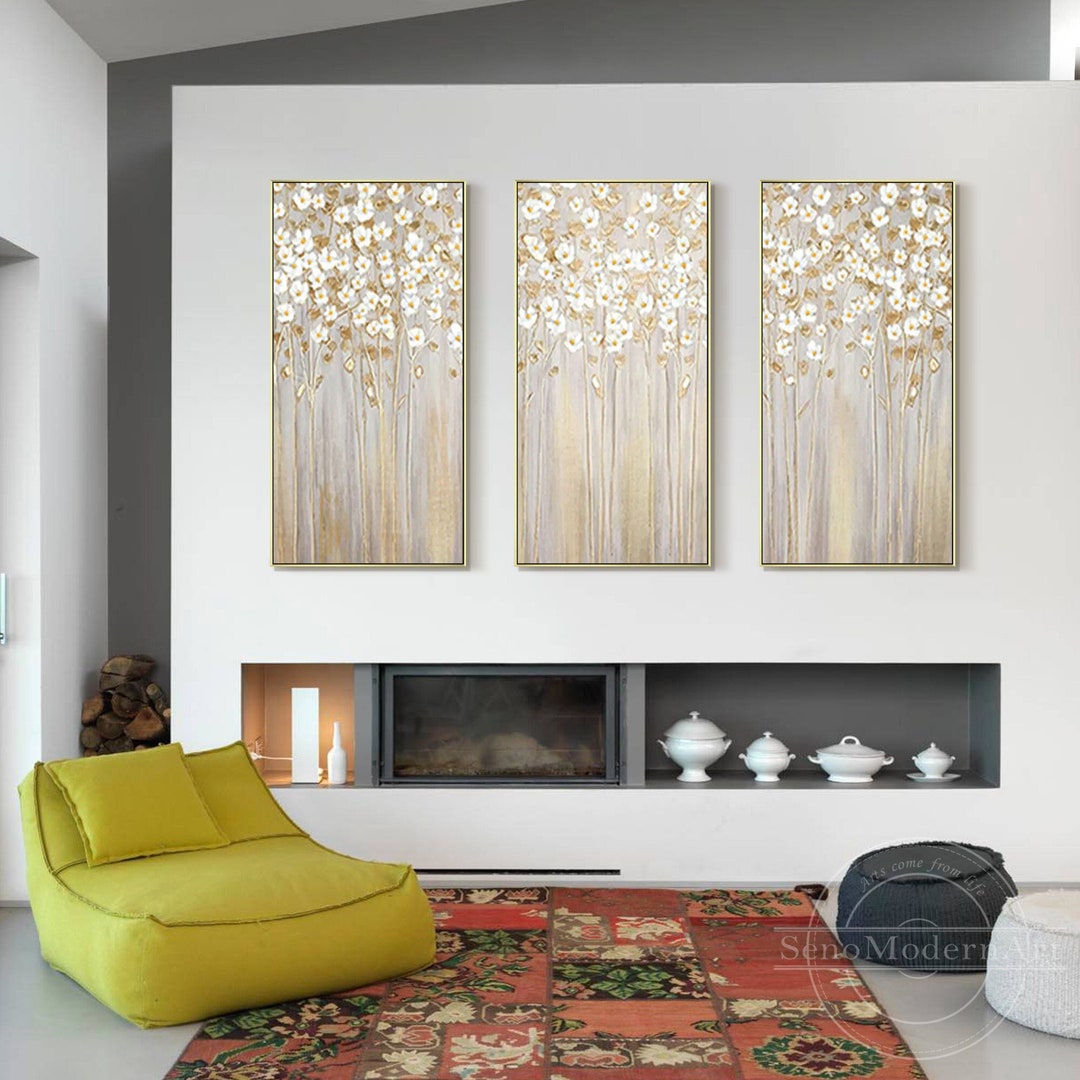Set of 3 Gold Leaf Flower Painting Long Vertical Abstract Art - Etsy