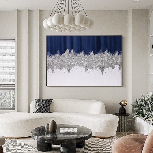 Dark Blue Silver Leaf Abstract Wall Art Navy Blue Original Etsy