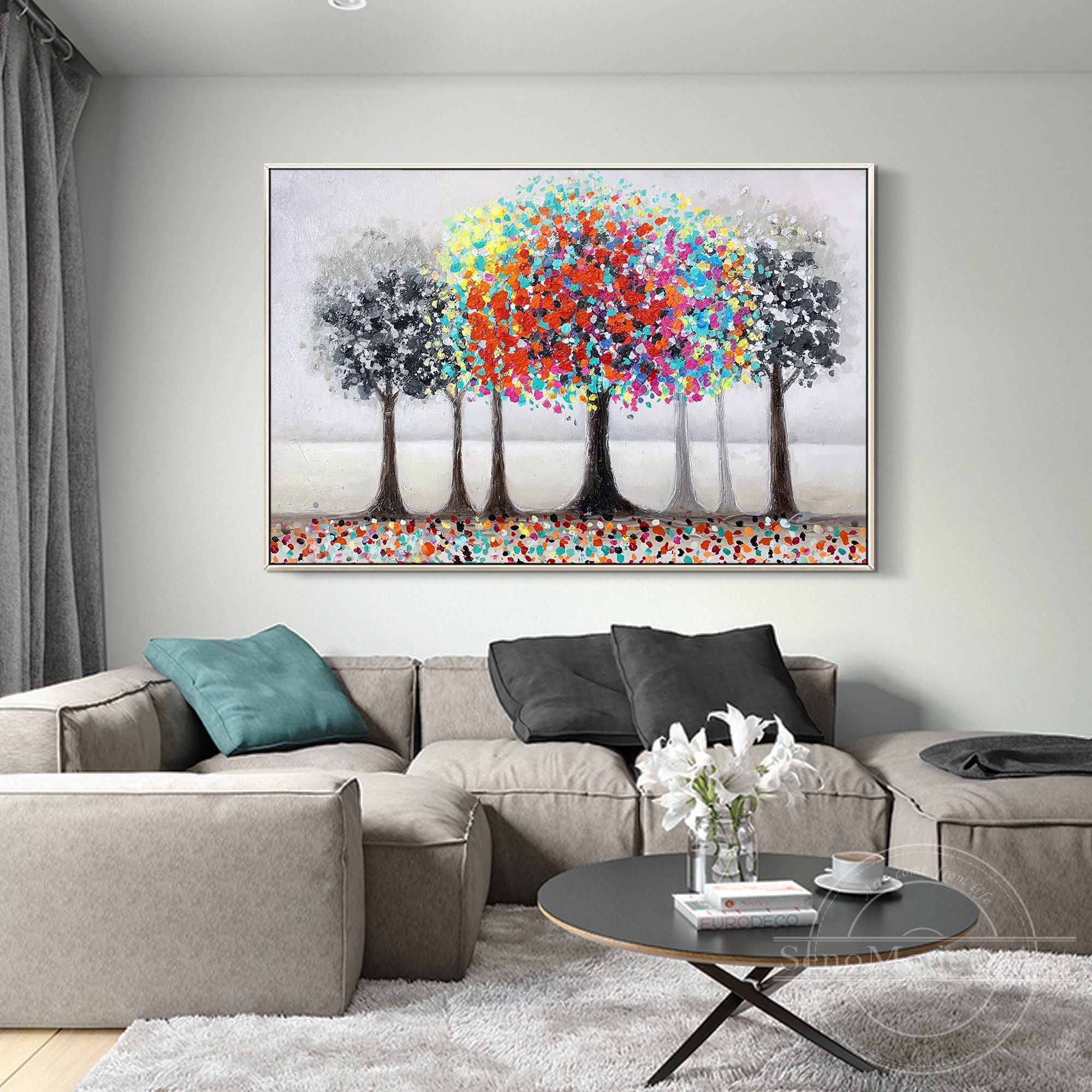 Colorful Tree Original Oil Painting Black and White Modern | Etsy