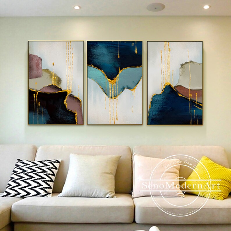 Set of 3 Frame Wall Art Abstract Gold Green Navy Blue Brown Grey Purple ...