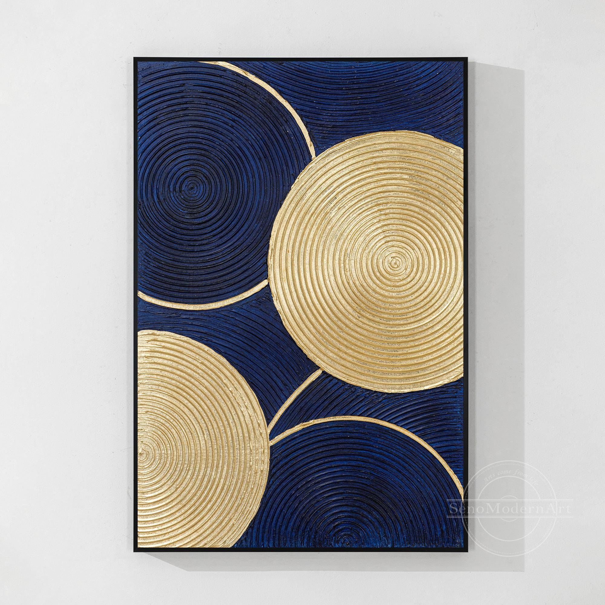 Gold Navy Blue Enso Circle Painting, Textured Abstract Vertical Canvas ...