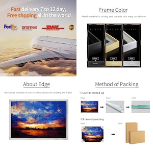 Pu&ograve; includere: Un grafico informativo a pi&ugrave; pannelli che mostra la logistica di spedizione con un aereo, tre opzioni di colore della cornice in nero, oro e argento, un dipinto di paesaggio con un bordo bianco di 5 cm e guide visive per l'imballaggio.