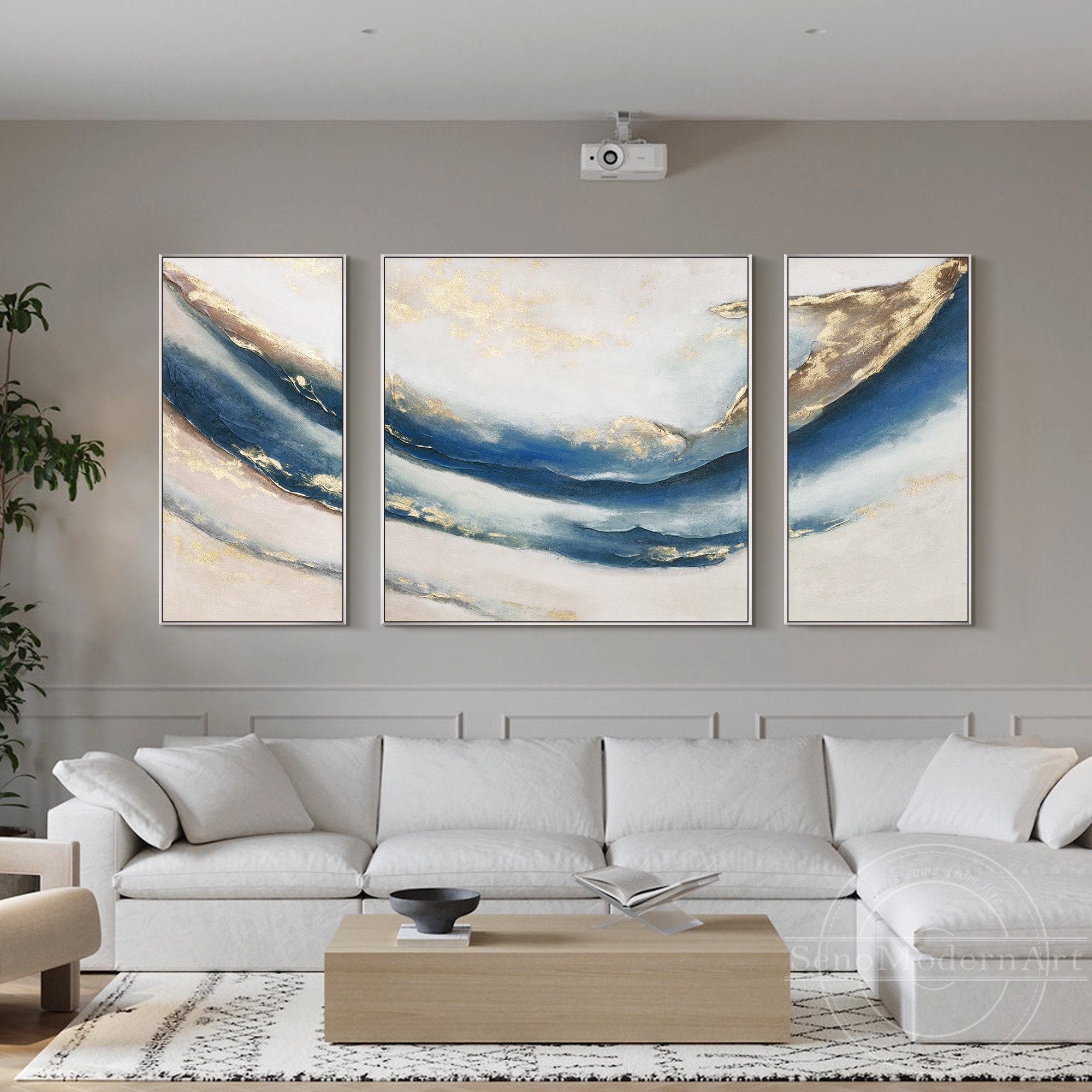 Set of 3 Gold Dolphin Navy Blue Ocean Abstract Framed Wall Art Heavy ...