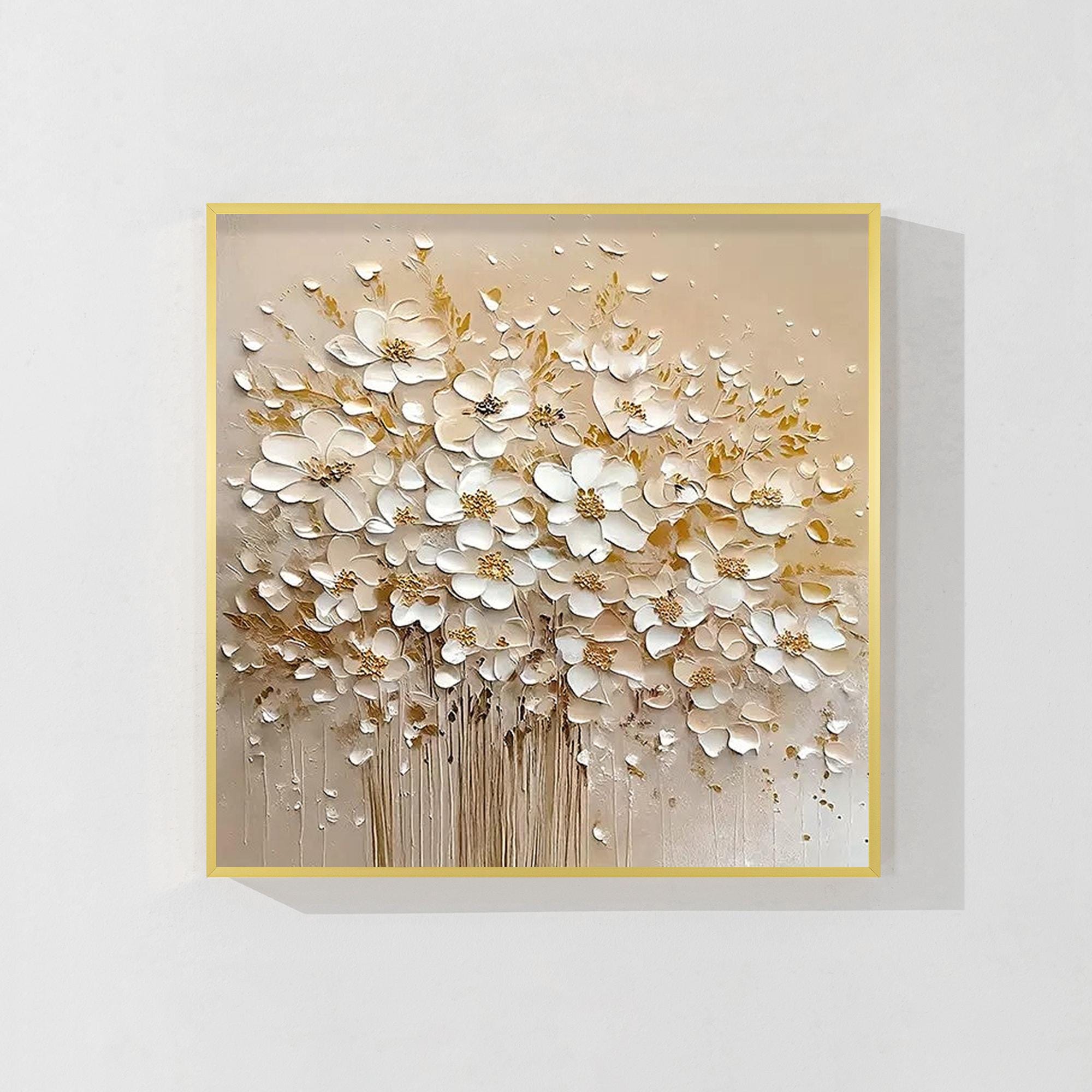 3D Textured Cream Flower Gold Leaf Painting on Canvas Modern Floral ...