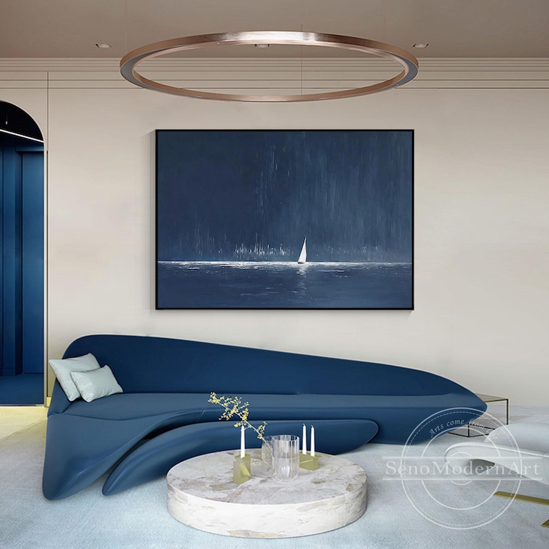 Navy blue sailboat ocean wall art