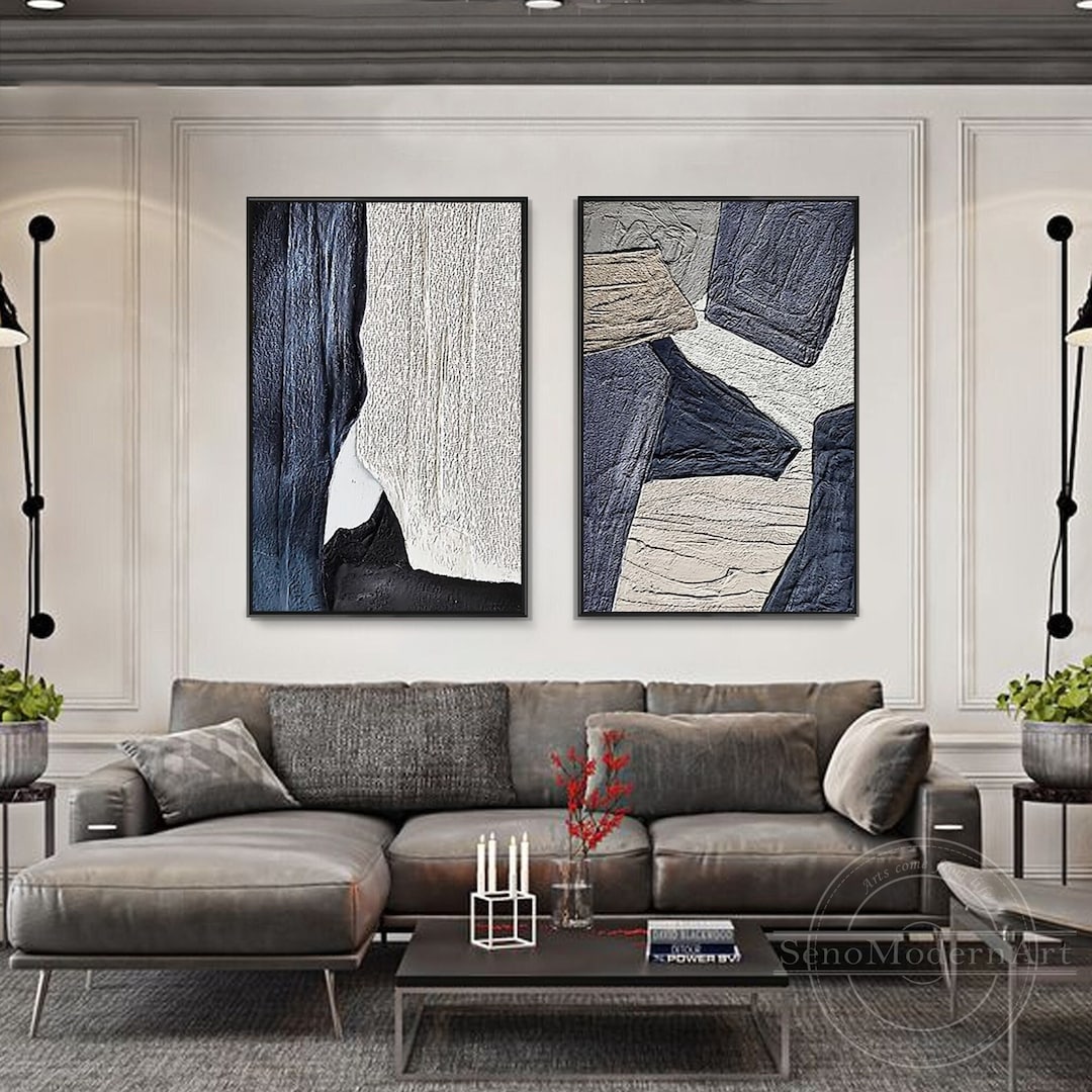Set of 2 Gray Blue Beige Textured Art Brown Abstract Painting ...
