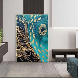 Luxurious Gold Fish Teal Green Abstract Art Acrylic Hand Painting School of Fish Under The Ocean Turquoise Large Framed Wall Art