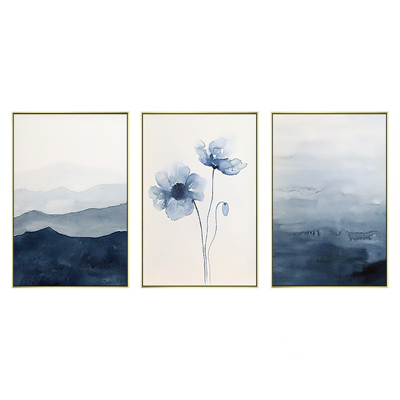 Set of 3 Navy Blue Abstract Flower Painting Mountain Landscape Painting ...