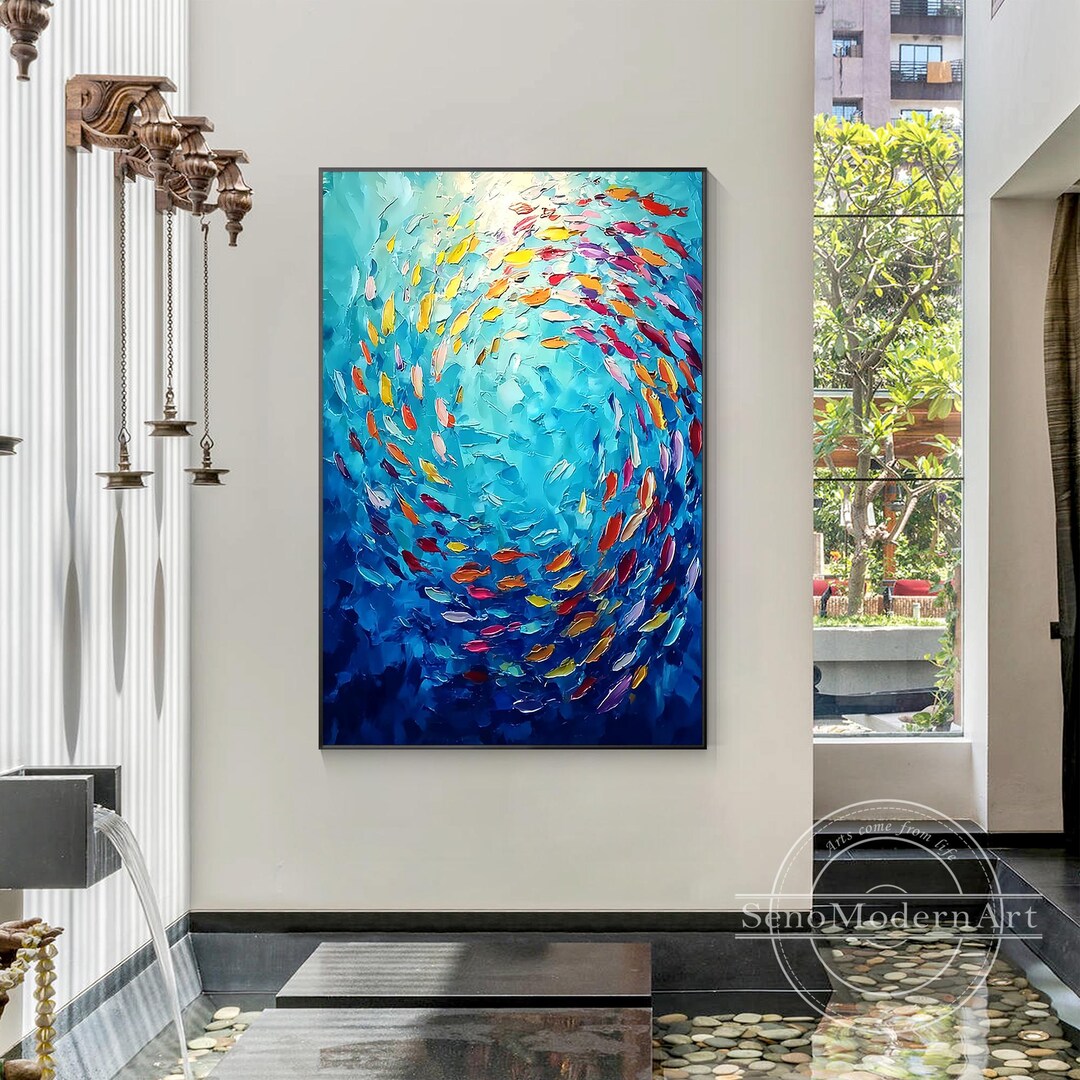 Vibrant Fish Swarm Abstract Painting, Ocean-inspired Canvas Wall Art ...