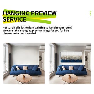 K&ouml;nnte beinhalten: Eine Grafik f&uuml;r einen Aufh&auml;ngungsvorschau-Service mit dem Text HANGING PREVIEW SERVICE und einer Beschreibung. Darunter zwei nebeneinander liegende Wohnzimmer, eines mit leerer Wand und eines mit einem blau-gold-wei&szlig;en abstrakten Gem&auml;lde.