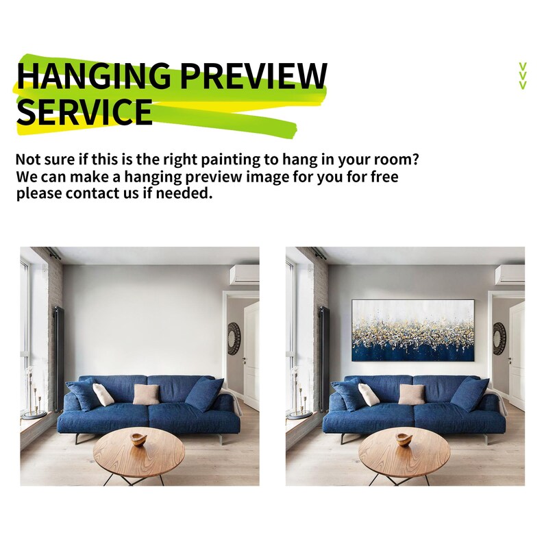 K&ouml;nnte beinhalten: Eine Grafik f&uuml;r einen Aufh&auml;ngungsvorschau-Service mit dem Text HANGING PREVIEW SERVICE und einer Beschreibung. Darunter zwei nebeneinander liegende Wohnzimmer, eines mit leerer Wand und eines mit einem blau-gold-wei&szlig;en abstrakten Gem&auml;lde.