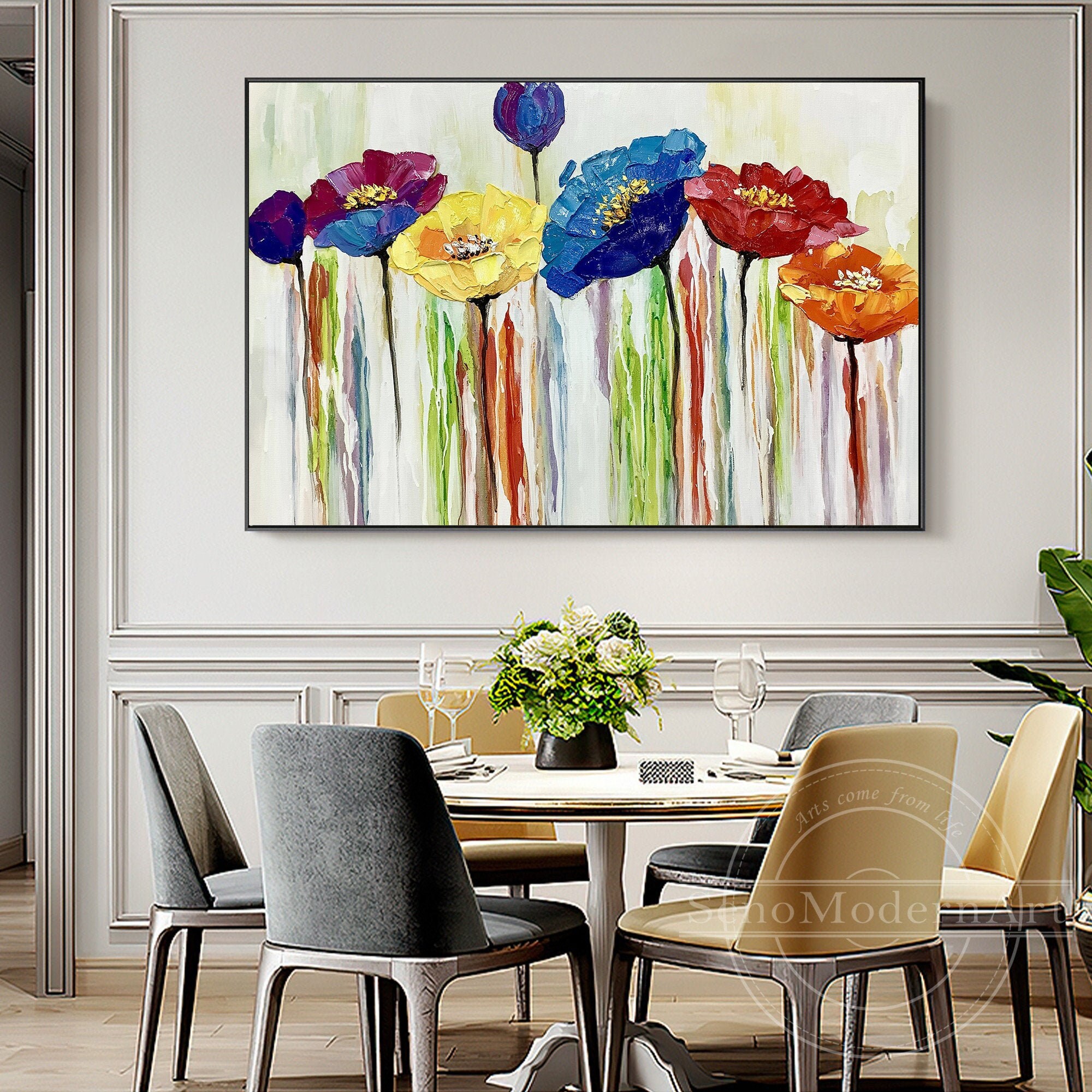 Wandbild Leinwanddruck – Blaue Blumen Und Bäume, 60x120 Cm, Mit Rahmen, Für Wohnzimmer, Schlafzimmer Oder Büro