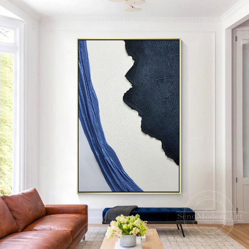 Navy Blue Painting Large White Textured Wall Art Modern - Etsy