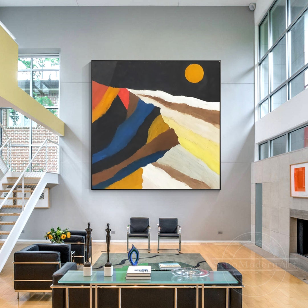 Mountain Abstract Painting Textured Art Black Sky Sunrise Painting Blue