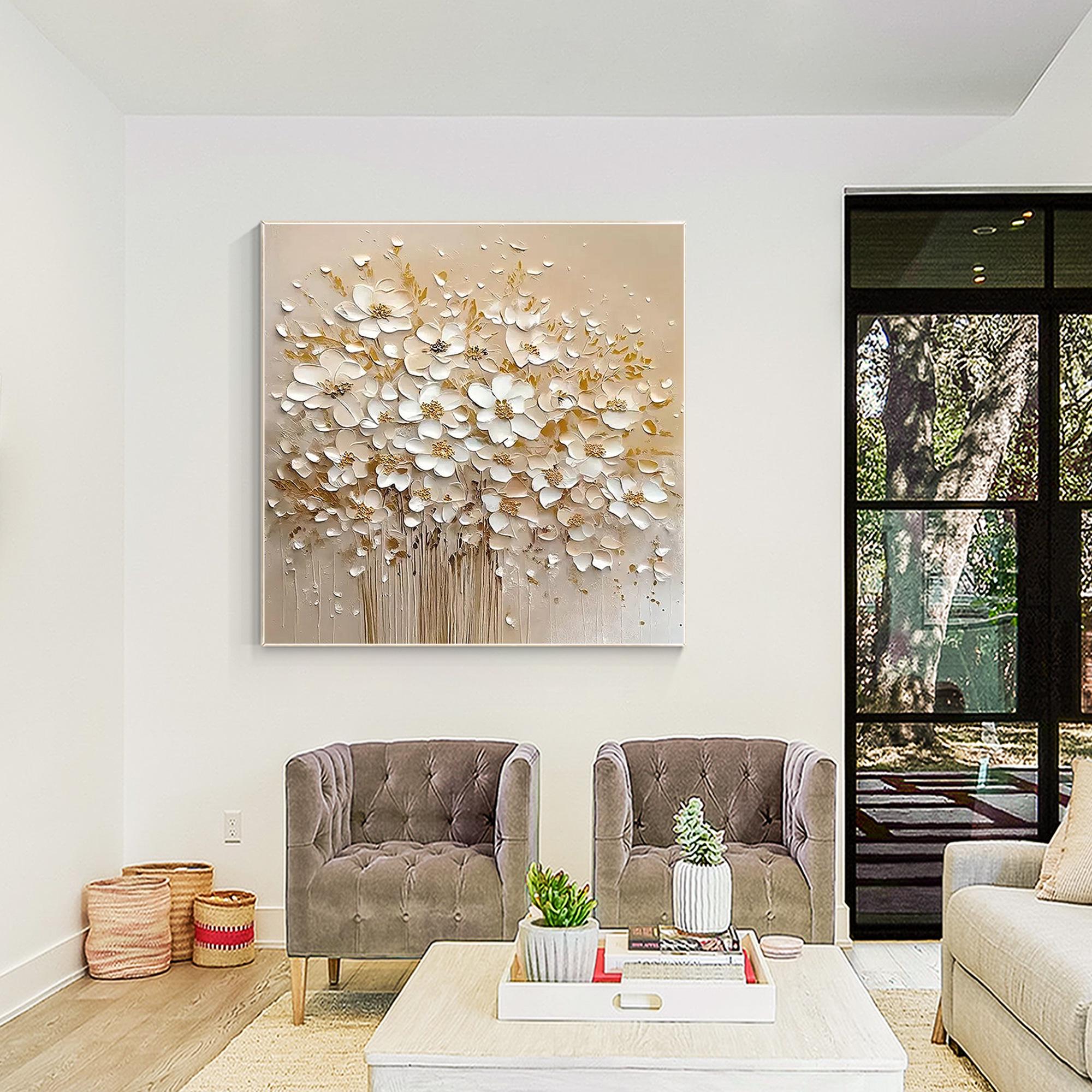 3D Textured Cream Flower Gold Leaf Painting on Canvas Modern Floral ...