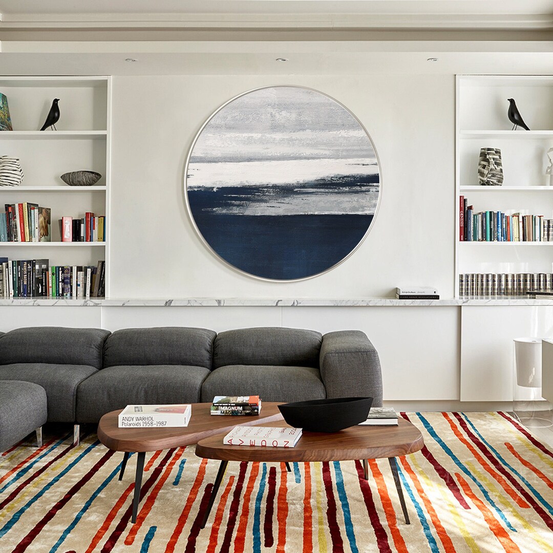 Silver Navy Round Painting Framed Wall Art Minimalist Art Textured ...