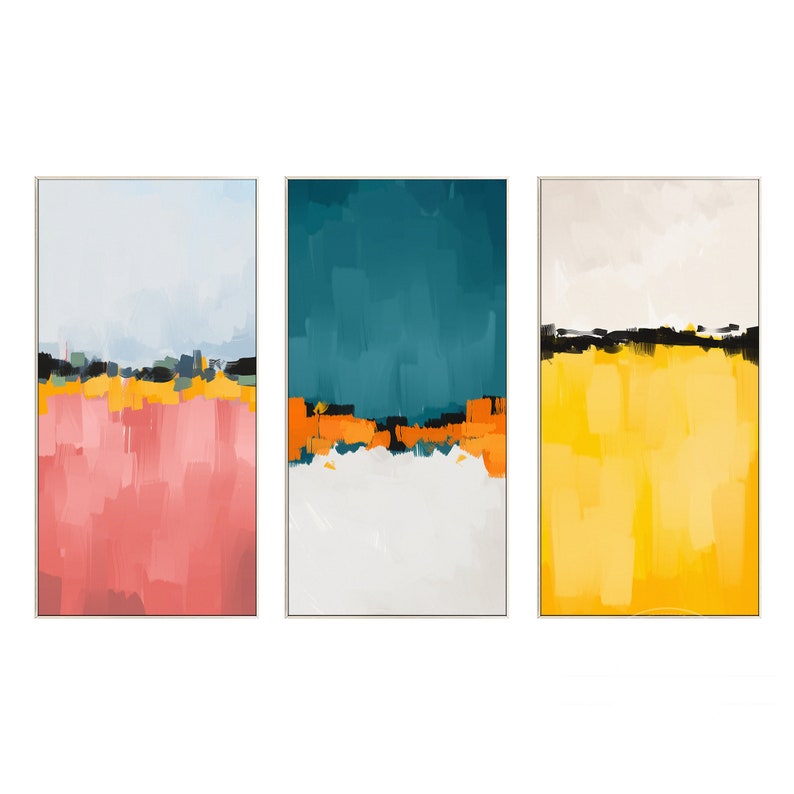 Set of 3 Pink Teal Yellow Abstract Art White Minimalist Etsy