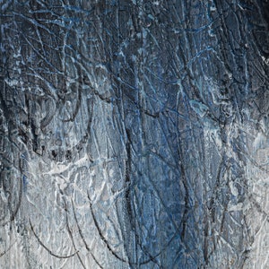 May include: An abstract painting featuring a heavily textured surface with layers of dark navy blue, charcoal gray, and white paint. The composition displays intricate, thin, dark lines etched into the thick impasto, creating a complex network.