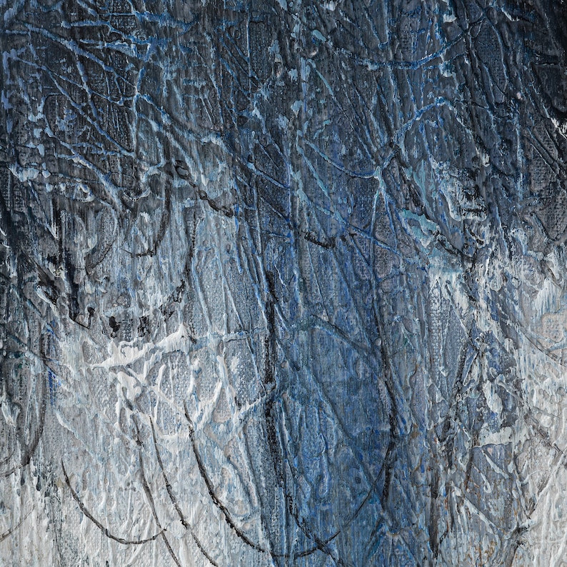May include: An abstract painting featuring a heavily textured surface with layers of dark navy blue, charcoal gray, and white paint. The composition displays intricate, thin, dark lines etched into the thick impasto, creating a complex network.