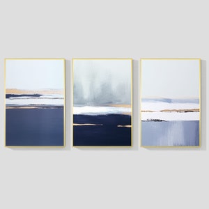 Navy Blue Gold Abstract Ocean Painting on Cnavas 3 Pieces Wall Art Set ...