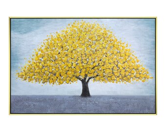 黄色の木の絵画テクスチャアートティールグレー抽象オリジナル油絵