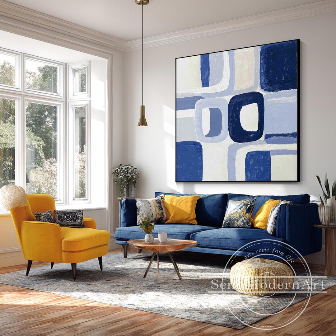 Blue Geometric Abstract Wall Art, Navy and Sky Blue Color Block Canvas ...