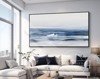 Textured Ocean Painting Gray Blue Abstract Seascape, Framed Coastal Wall Art, Large Horizontal Ocean Waves Canvas, Modern Nautical Decor
