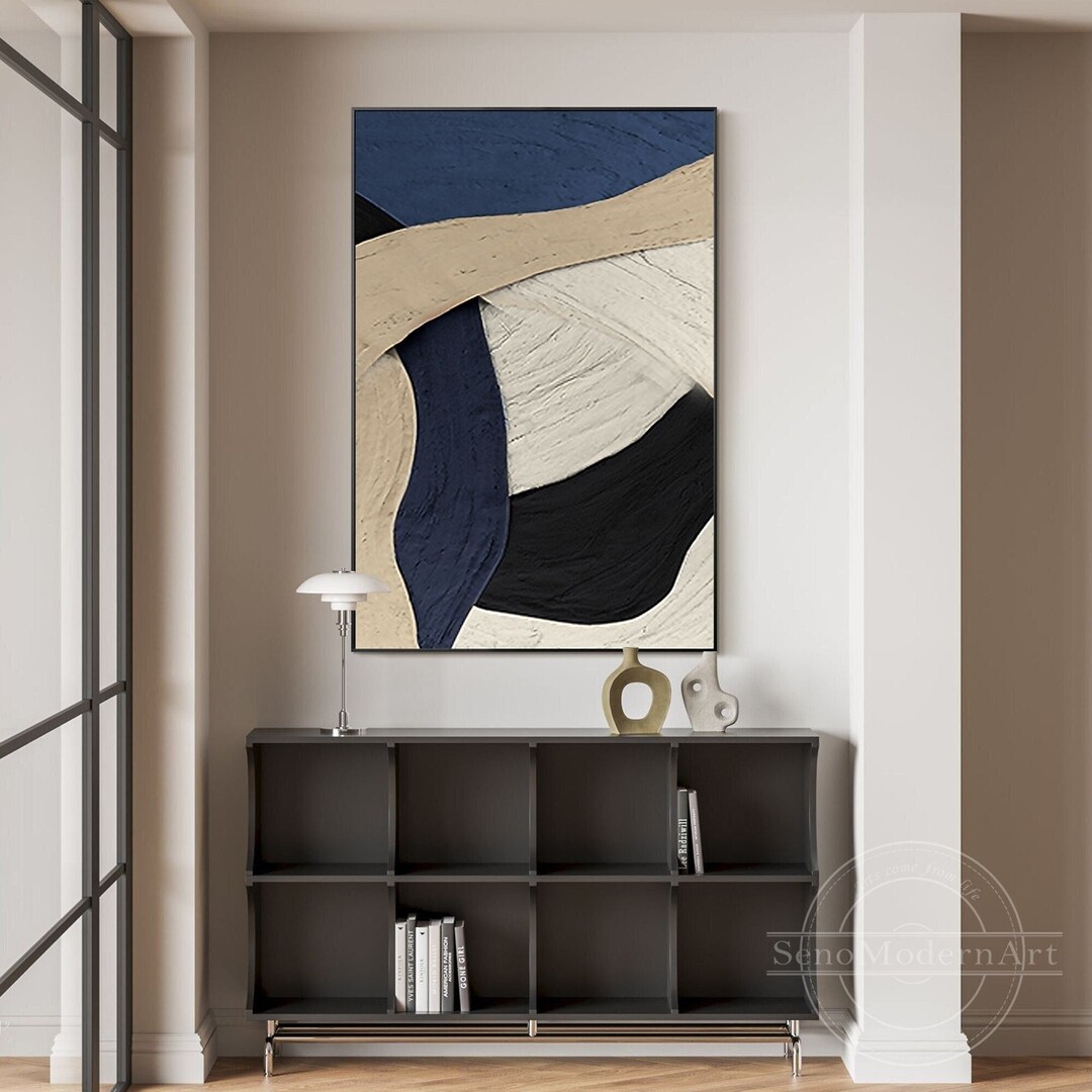 Dark Blue Abstract Art Navy Blue Beige Minimalist Art 3D Textured Art ...
