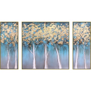 Set of 3 Gold Tree Abstract Painting Teal Blue Frame Wall Art Gold Leaf ...