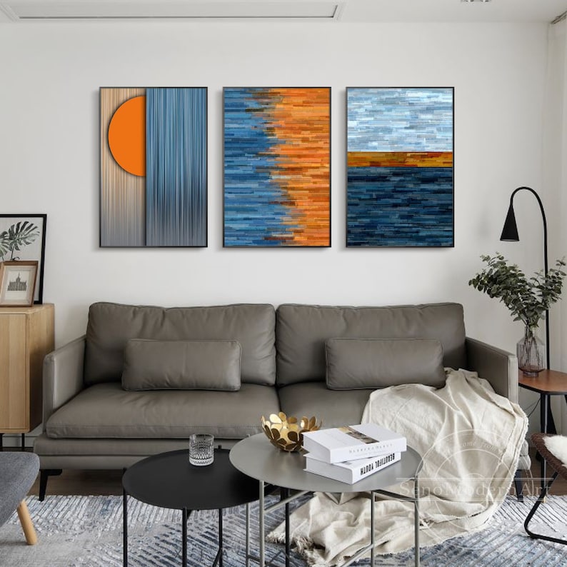 Set of 3 Frame Wall Art Abstract Orange Navy Blue Light Blue | Etsy