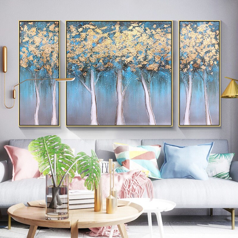 Set of 3 Gold Tree Abstract Painting Teal Blue Frame Wall Art Etsy