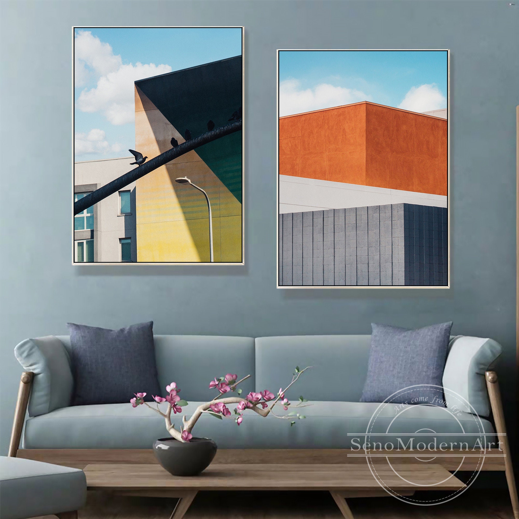 Set of 2 Frame Wall Art Abstract Blue Yellow Orange Building | Etsy