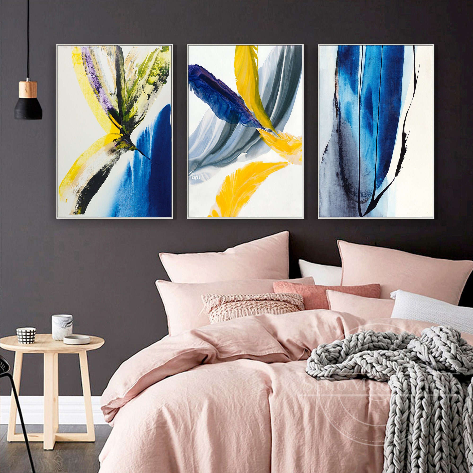 Set of 3 Frame Wall Art Abstract Blue Black Yellow Grey Etsy