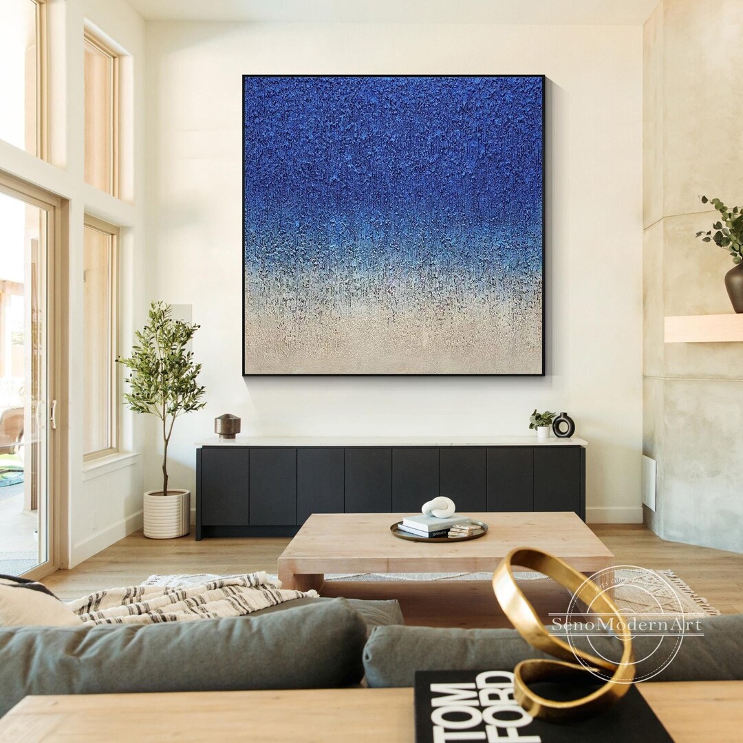 Abstrakte Leinwand-Wandkunst In Blaugrün, Handbemalt Mit Struktur, 91x61 Cm, Für Wohnzimmer & Büro