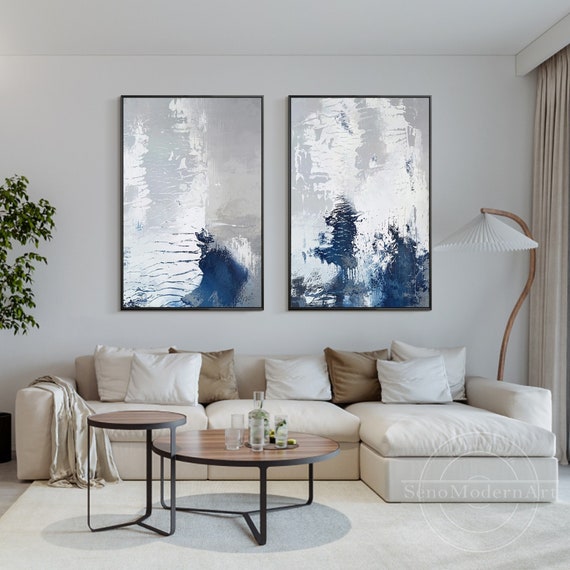 Set of 2 Navy Blue Painting White Gray Abstract Art 2 Piece