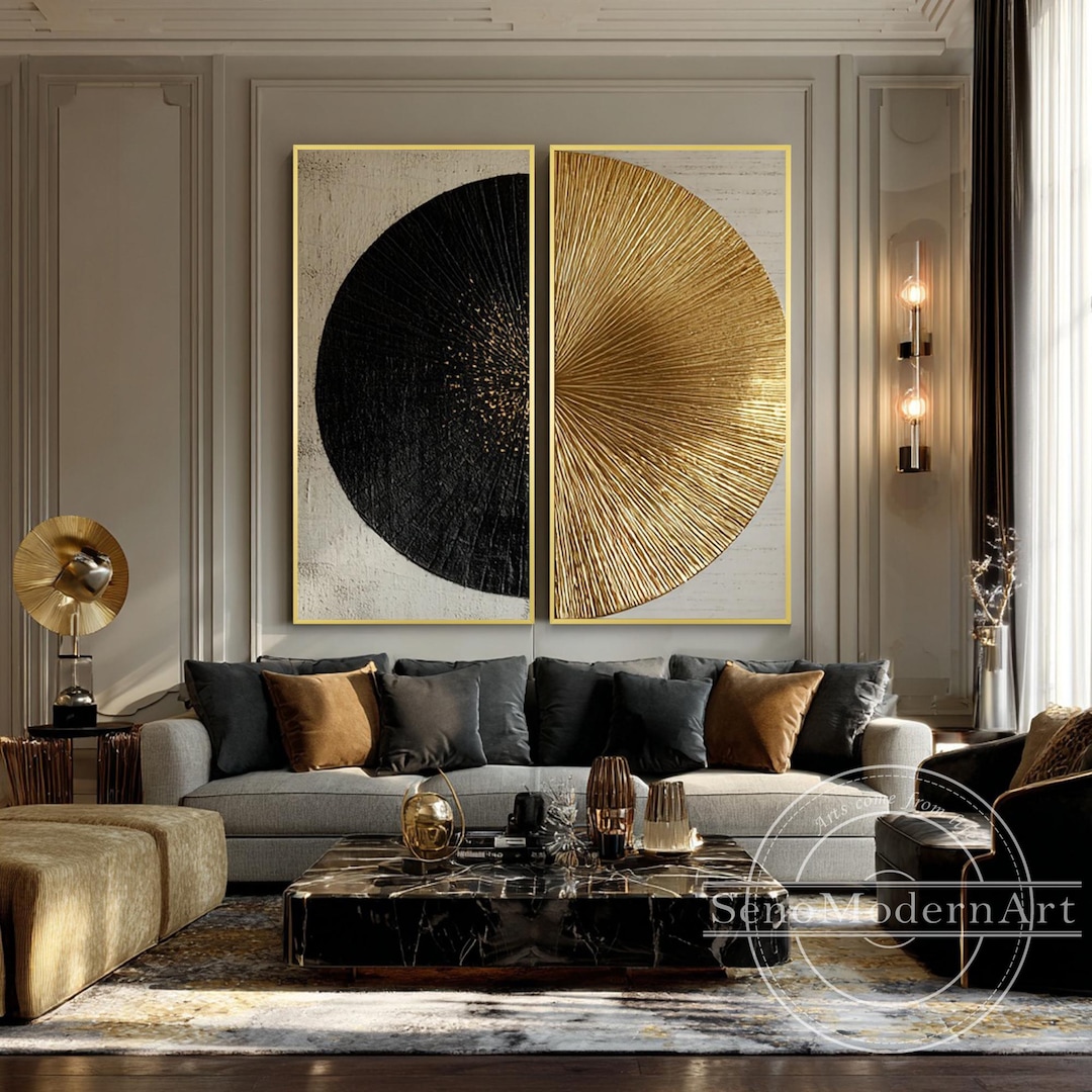 Gold and Black Abstract Canvas Set, Modern Radial Texture Wall Art ...