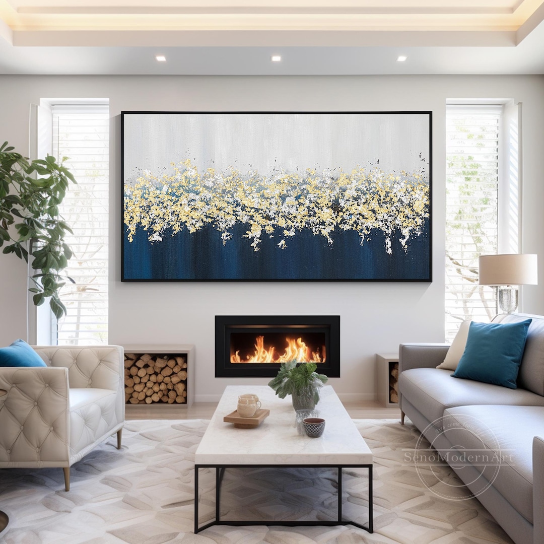 Gold Leaf Abstract Flower Painting: Navy Blue Textured Wall Art - Etsy