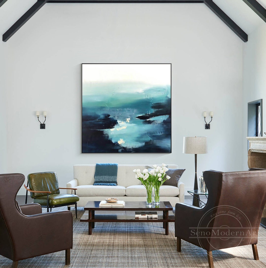 Teal Blue Abstract Art Lake Painting Square Landscape Painting Etsy