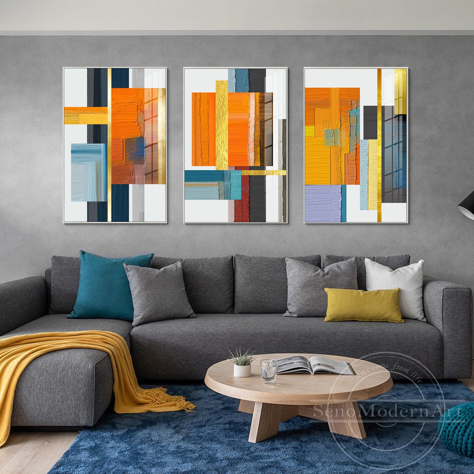 Set of 3 Frame Wall Art Abstract Geometric Gold Orange Yellow Etsy UK