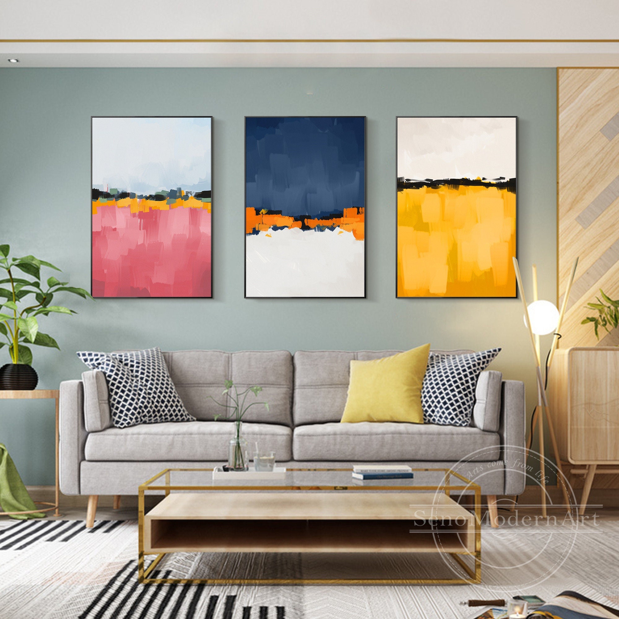 Set of 3 Navy Blue Pink Yellow Minimalist Painting Colorful Abstract Framed Wall Art Oversized  Acrylic Hand Painting Contemporary Art