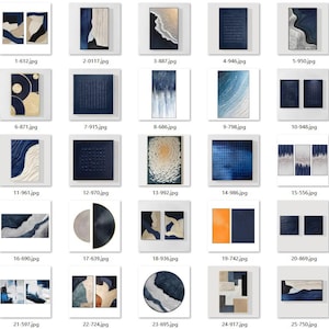K&ouml;nnte beinhalten: Eine Sammlung von f&uuml;nfundzwanzig rechteckigen und runden Wandkunstwerken mit abstrakten Kompositionen in Marineblau, Wei&szlig;, Gold und Beige, die verschiedene strukturierte Muster, geometrische Formen und geschichtete Farbauftr&auml;ge zeigen.