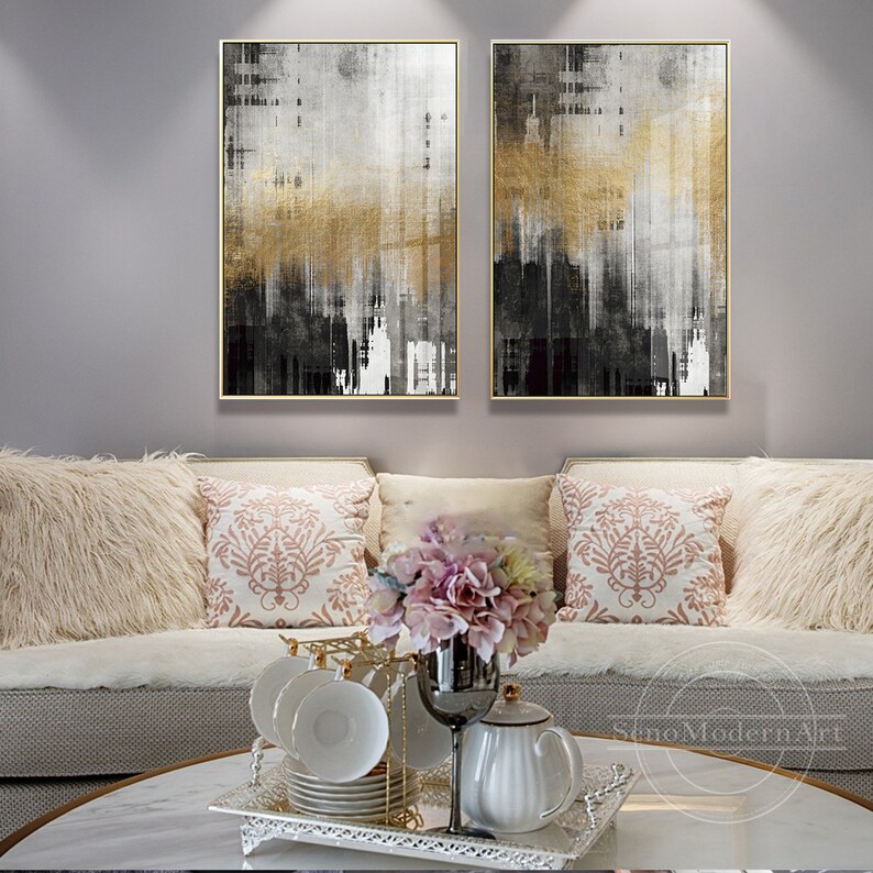 Set of 2 Frame Wall Art Abstract Gold Black and White Print Etsy