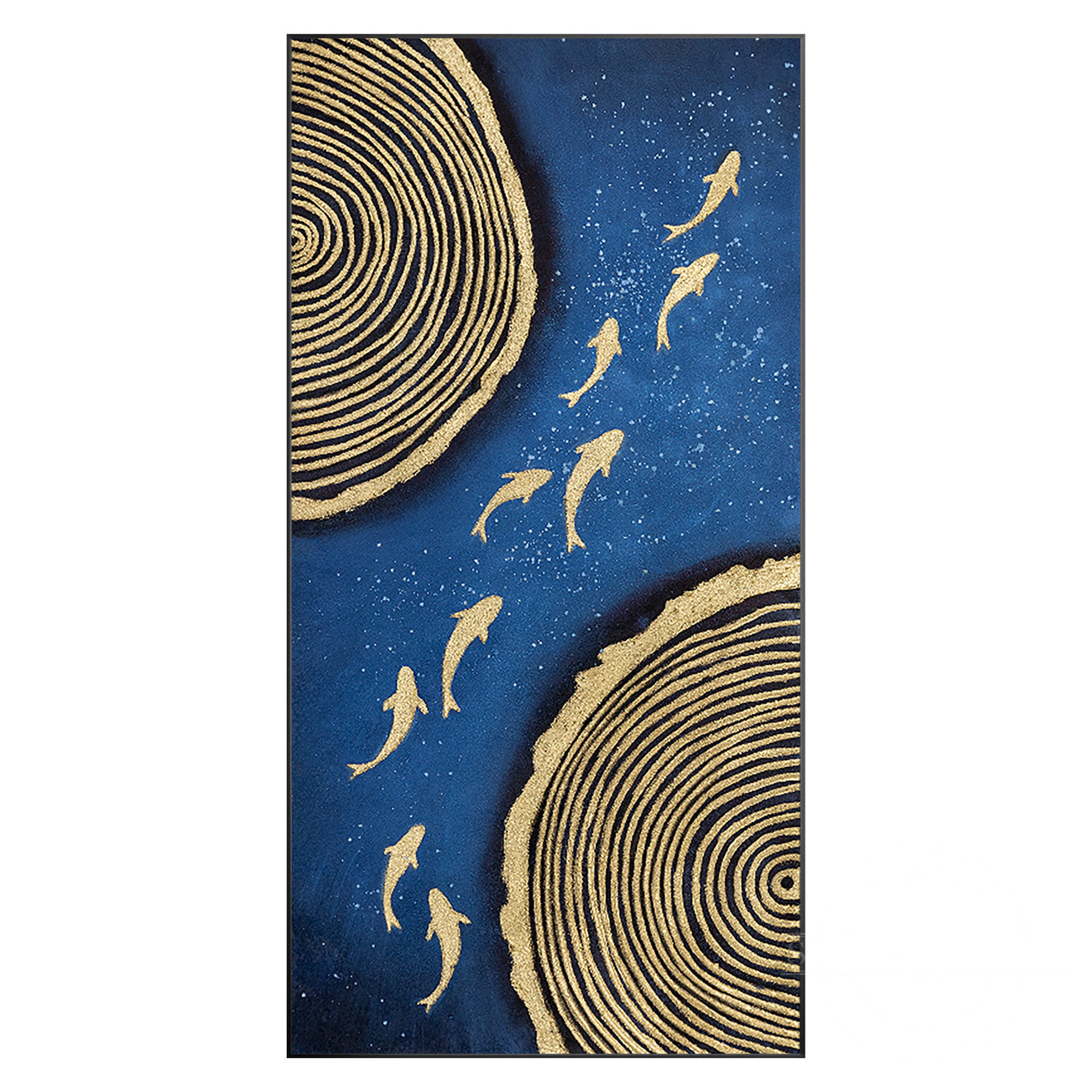 Gold Fish Painting, Navy Blue Abstract Textured Art, Framed Canvas ...