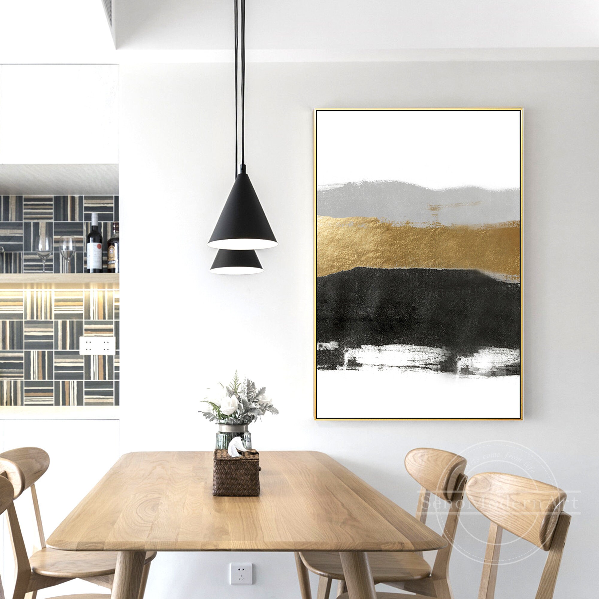 Frame Wall Art Modern Abstract Gold Black and White Grey Print | Etsy