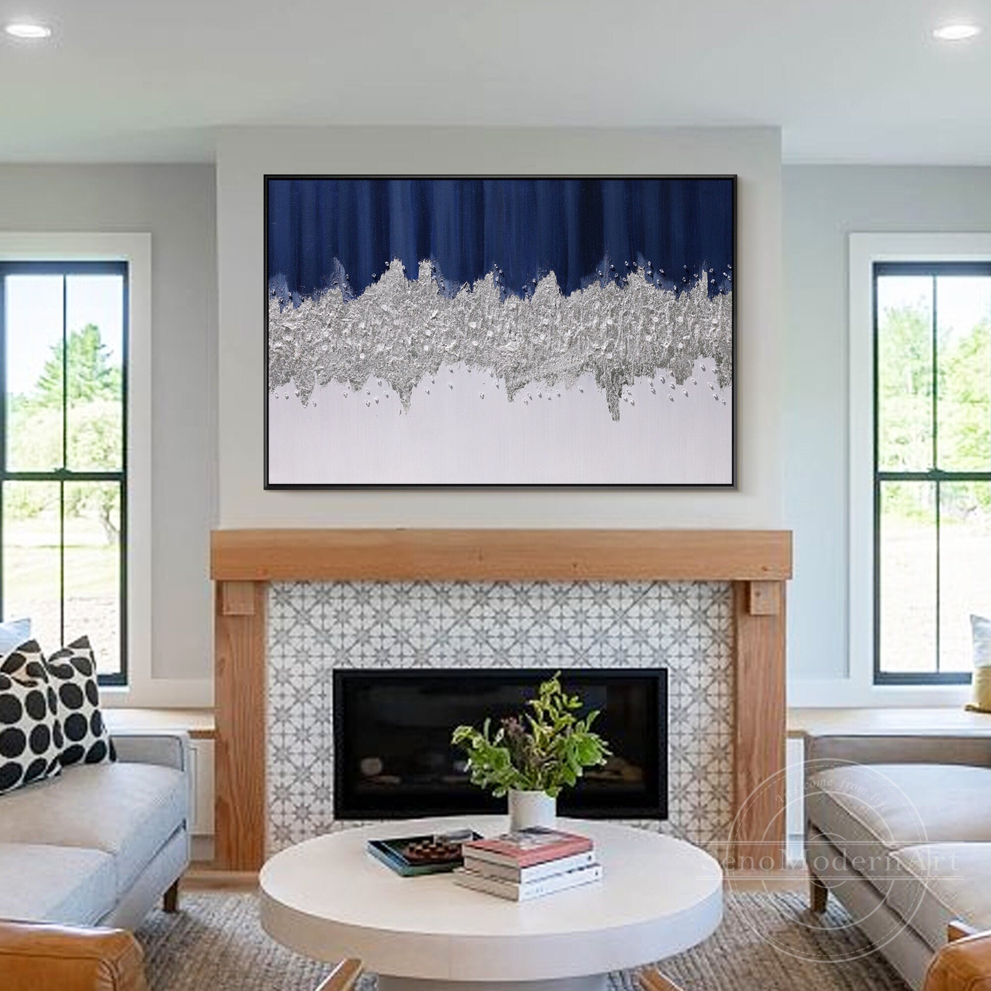 Crystal Navy Blue Abstract Painting Silver Leaf Modern Abstract Art