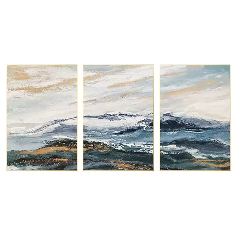 Blue Gold Abstract Mountains Painting Cnavas 3 Pieces Mountain Wall Art ...