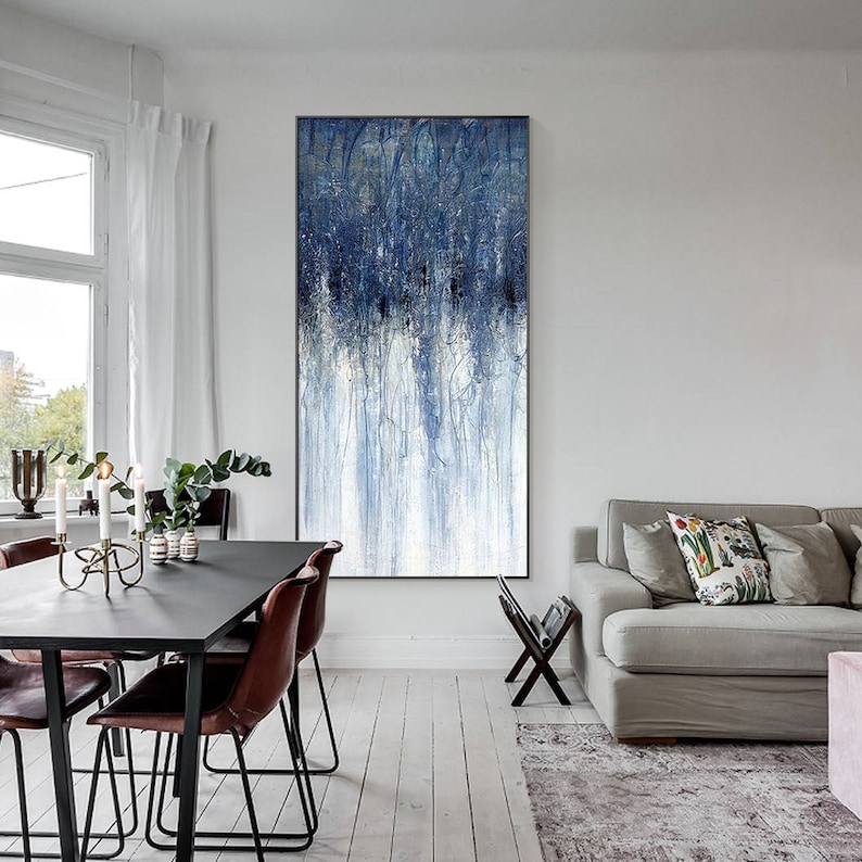 Dark blue textured abstract art with navy blue and white accents, framed canvas wall decor