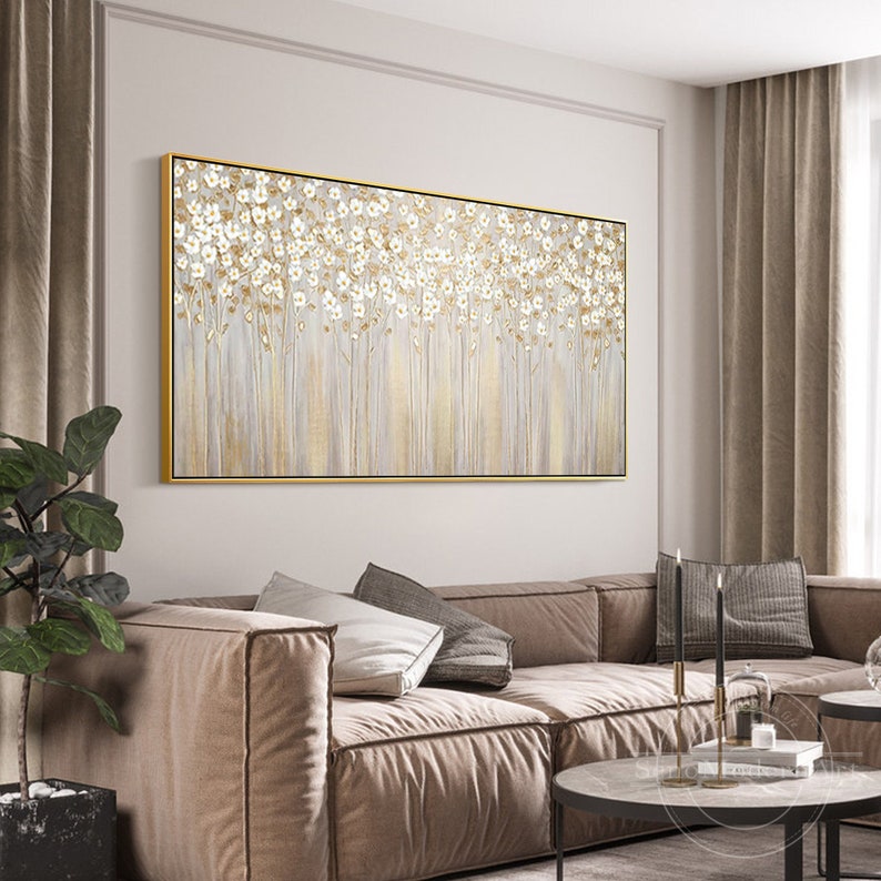 Flower Painting Gold Flower Wall Art Textured Abstract Wall Etsy